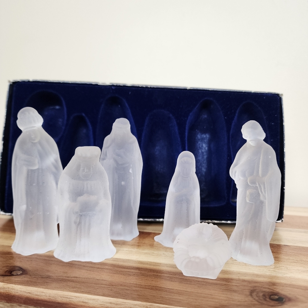 Vintage Frosted Glass Nativity Scene Set of 6 with Box